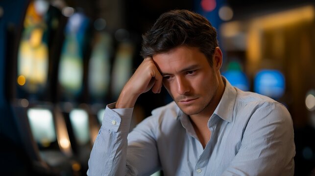 Person compulsively gambling at multiple casino machines with desperate expression in a dark room, perfect for greed sin concept, addiction behavior, gambling problem awareness, modern psychology,