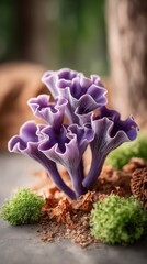 Purple mushrooms surrounded by lush green moss and natural elements.