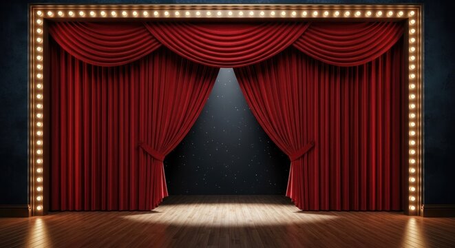 Gilded proscenium arch framing rich red velvet curtains, spotlight on wooden stage
