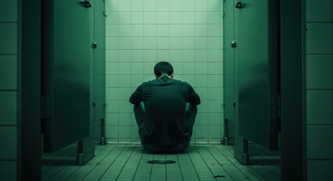 Lone figure sits hunched in a stark, green-lit public restroom
