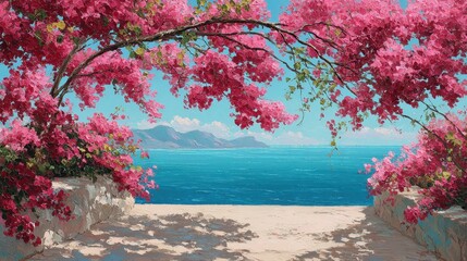Fototapeta premium Vibrant Pink Bougainvillea Overlooking a Serene Blue Sea and Distant Mountains on a Sunny Day, Painterly Style