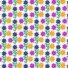Vibrant floral pattern with colorful blooms and green foliage on a white background