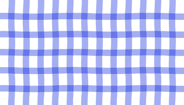 Hand-drawn blue gingham pattern, seamless checkered background, purple and blue plaid vector.