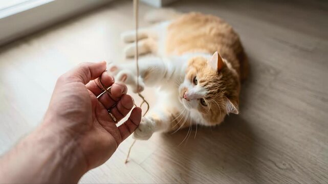Playing with pets, footage as an idea for pet friends, ginger kitten playing with a string in a man's hand