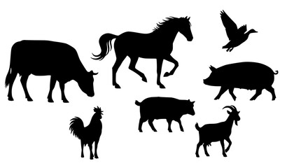 Obraz premium Dynamic Farm Animal Silhouettes Rural Agriculture Vector Collection On White