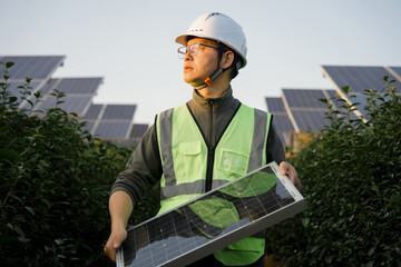 Engineer holding a solar panel while inspecting a photovoltaic power station outdoors © zhu difeng