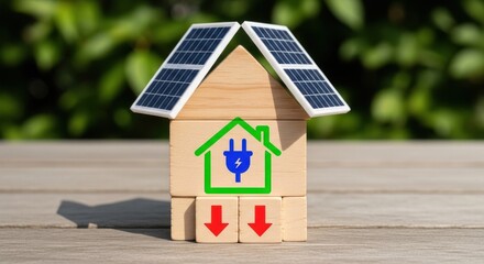 Wooden house model with solar panels and energy symbols on table