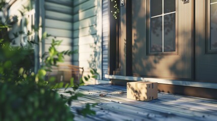 Fototapeta premium A wooden porch with a delivery box on the floor. The house has light blue siding and dark brown doors. Green foliage surrounds the entrance.