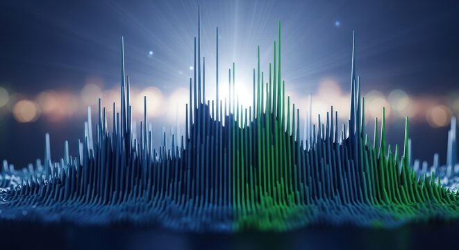 3D abstract data visualization with glowing vertical bars in blue and green