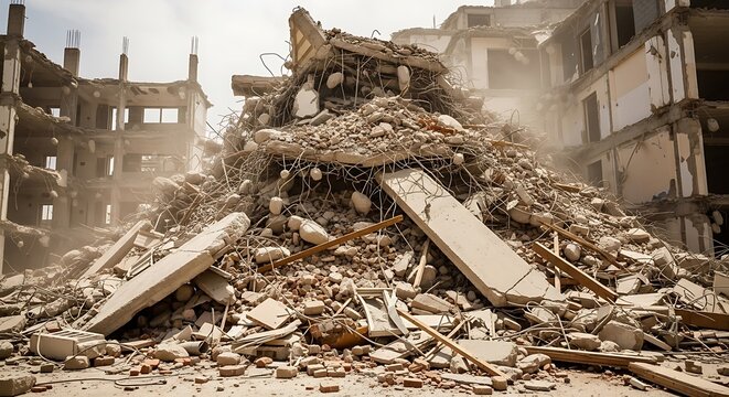 Collapsed Building Debris and Destruction Scene.