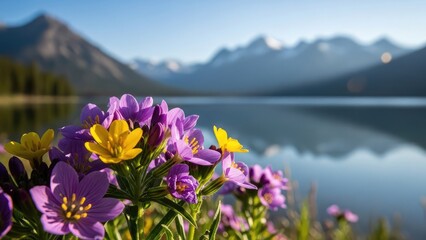 Obraz premium A serene landscape of purple and yellow flowers by a calm lake with mountains in the background
