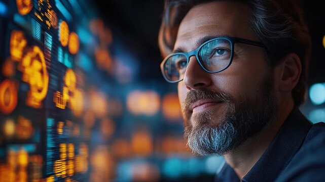 Visionary in the Digital Realm: A thoughtful professional peers towards a display of high-tech data, hinting at the depths of digital innovation and problem-solving.