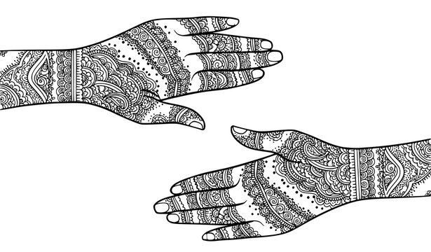 Two hands henna mehndi vector frame design Indian Arabic Asian cultural tattoo illustration