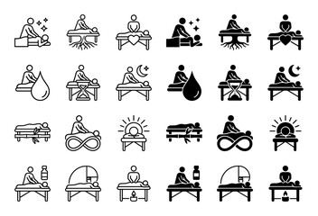 Massage therapy icon set featuring hybrid symbols combining wellness treatment with nature roots heart hourglass infinity and golden ratio spiral