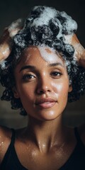 Young woman washing her curly hair with shampoo