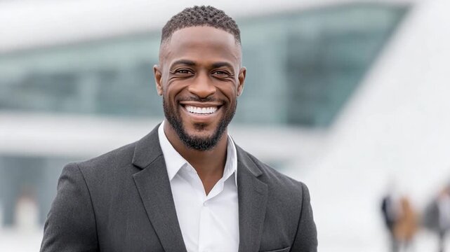 Modern Confidence: A sharply dressed professional radiates confidence, his engaging smile capturing a moment of poise against a contemporary architectural backdrop.