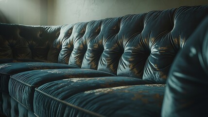Obraz premium Close up of a dark blue tufted leather sofa with gold detailing