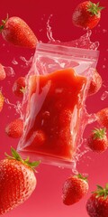 Strawberry pur&eacute;e pouch splashing with falling fresh berries