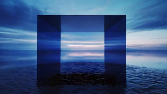 Blue transparent rectangular structure stands on calm water, reflecting the sky and creating a surreal gateway to a serene horizon under an ethereal cloudy sky at dawn