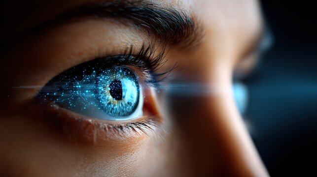 Close view of human eye with glowing blue digital iris and light particles, biometric scanning and artificial intelligence concept, cybersecurity, data analysis, future technology