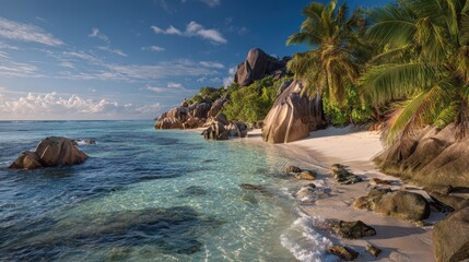 Obraz premium Sunlit Tropical Coastline on La Digue: Granite Boulders and Turquoise Sea at a Secluded Beach