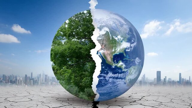 Divided Earth: A stark visual metaphor of the Earth split in two, one half flourishing with vibrant greenery and lush life, contrasting with the other.