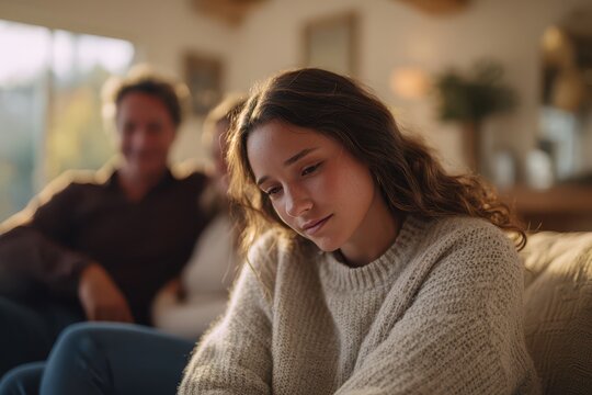 Teenage girl feeling down as parents comfort her in a cozy living room
