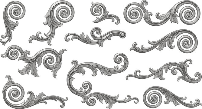 Collection of silver baroque floral ornaments and classic decorative scrolls with vintage acanthus leaf patterns isolated on white background for luxury frame and border design.