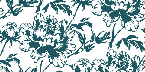 peony flowers japanese chinese seamless vector pattern ink design  © CharlieNati
