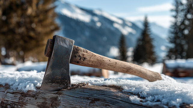 Close-up of a weathered axe stuck in a wooden log surrounded by snow, pine trees and distant mountains behind. Ai generated