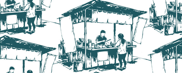 street food tent japanese chinese seamless vector pattern ink design  © CharlieNati