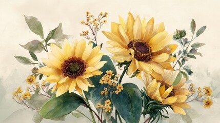Fototapeta premium Bright Yellow Sunflowers with Wildflowers in a Soft Watercolor Garden Scene