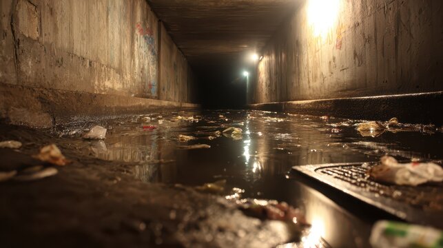 Murky drain water in an industrial concrete corridor with rust and grime