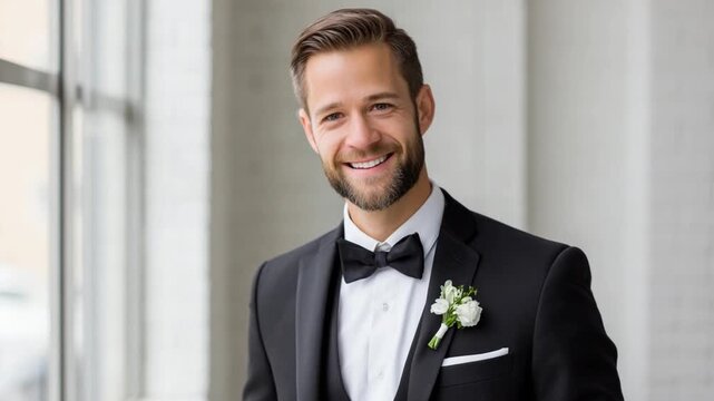 Groom in Elegant Attire: A handsome groom, radiant with happiness, stands poised, exuding sophistication in his impeccably tailored formal wear and anticipating a day of joy.