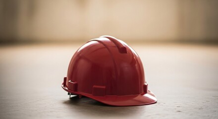 A red hard hat rests on a concrete floor, isolated, clean, studio shot, symbolizing construction, safety, protection, and industrial workwear