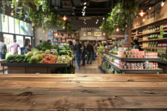 A busy market with people shopping and a wooden table in the background. Scene is lively and bustling