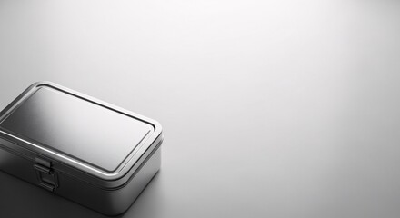 Shiny metallic lunch box on plain white background, ample copy space for text, clean industrial design, simple metal container for everyday use