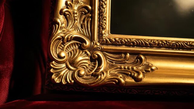Ornate golden picture frame on red velvet fabric with reflections changing from dark to bright for art and decor.