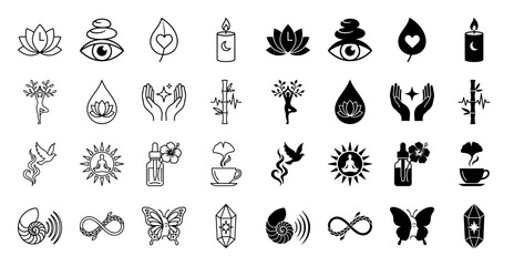 Obraz premium Collection of hybrid wellness icons merging spiritual symbols with organic elements featuring lotus eye zen stones leaf heart and butterfly face