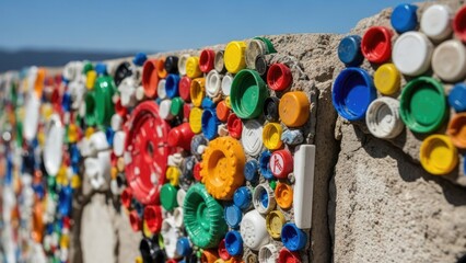 Obraz premium A colorful wall made of plastic bottle caps on a sunny day