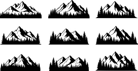 Collection of black silhouette mountain ranges with pine trees against white background © Hira