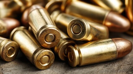 Pile of scattered brass bullet casings glinting under artificial light, detailed close-up