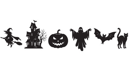 Fototapeta premium Halloween silhouettes set of witch, haunted house, jack-o-lantern, ghost, bat and black cat isolated on white background featuring silhouette, collection, broomstick with spooky and horror elements