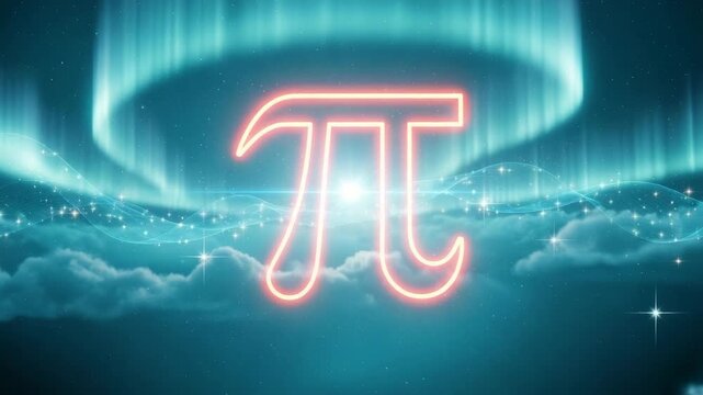Glowing neon pi symbol floats mysteriously in starry night sky with clouds