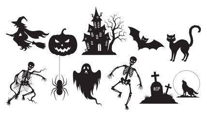 Fototapeta premium Halloween silhouette set with witch, haunted house, jack o lantern, bat, black cat, ghost, skeletons, spider and graveyard featuring collection, broom, spooky with scary and pumpkin elements for