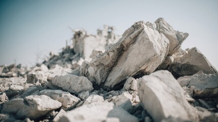 Pile of fractured stone fragments, remnants of a demolished building against a clear sky