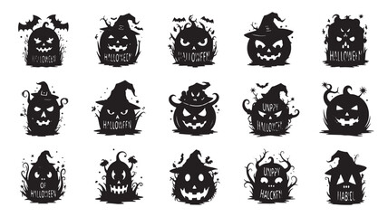 Halloween pumpkin silhouette set with spooky jack-o-lantern faces, bats, witch hats and scary typography on white background featuring collection, horror, october with autumn and fall elements for © Beckham 