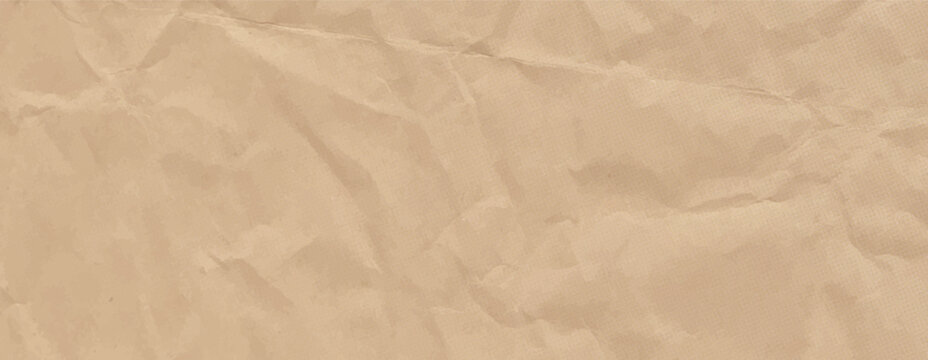 Cozy beige kraft paper background features solid grainy gradation circle dot texture. Old tan wrinkled crumpled pattern with brown sand gradient halftone effect. Vintage material vector.
