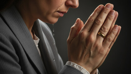 Close-up of a crying woman praying with clasped hands. Sad female profile with a tear on her cheek. Grief and faith concept