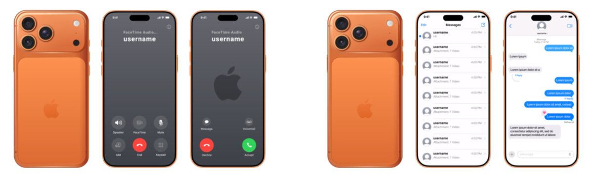 Frame 2085665022iPhone 17 FaceTime and iMessage UI Mockup on Orange Apple Smartphone
iPhone 17 FaceTime Call Screen and iMessage Chat Interface Design Template